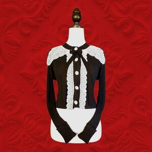 Cider Lace Trim Bow Detail Black Cropped Cardigan